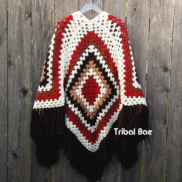 Western Boho Red Canyon Fireside Ruana Crochet by Tribal Bae - Picture 2 of 6